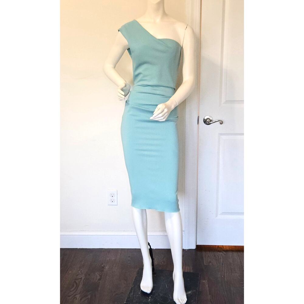 NICOLE BAKTI 332 One Shoulder Ruffle Back Evening Dress Seafoam Aqua Size 6